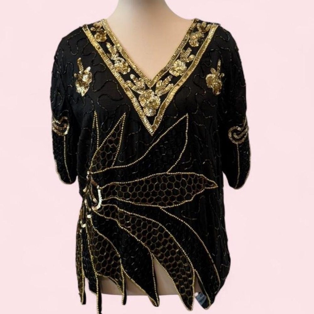 Vintage SND Black & Gold Heavily Beaded Sequin Top V-Neck‎ Handkerchief Hem M